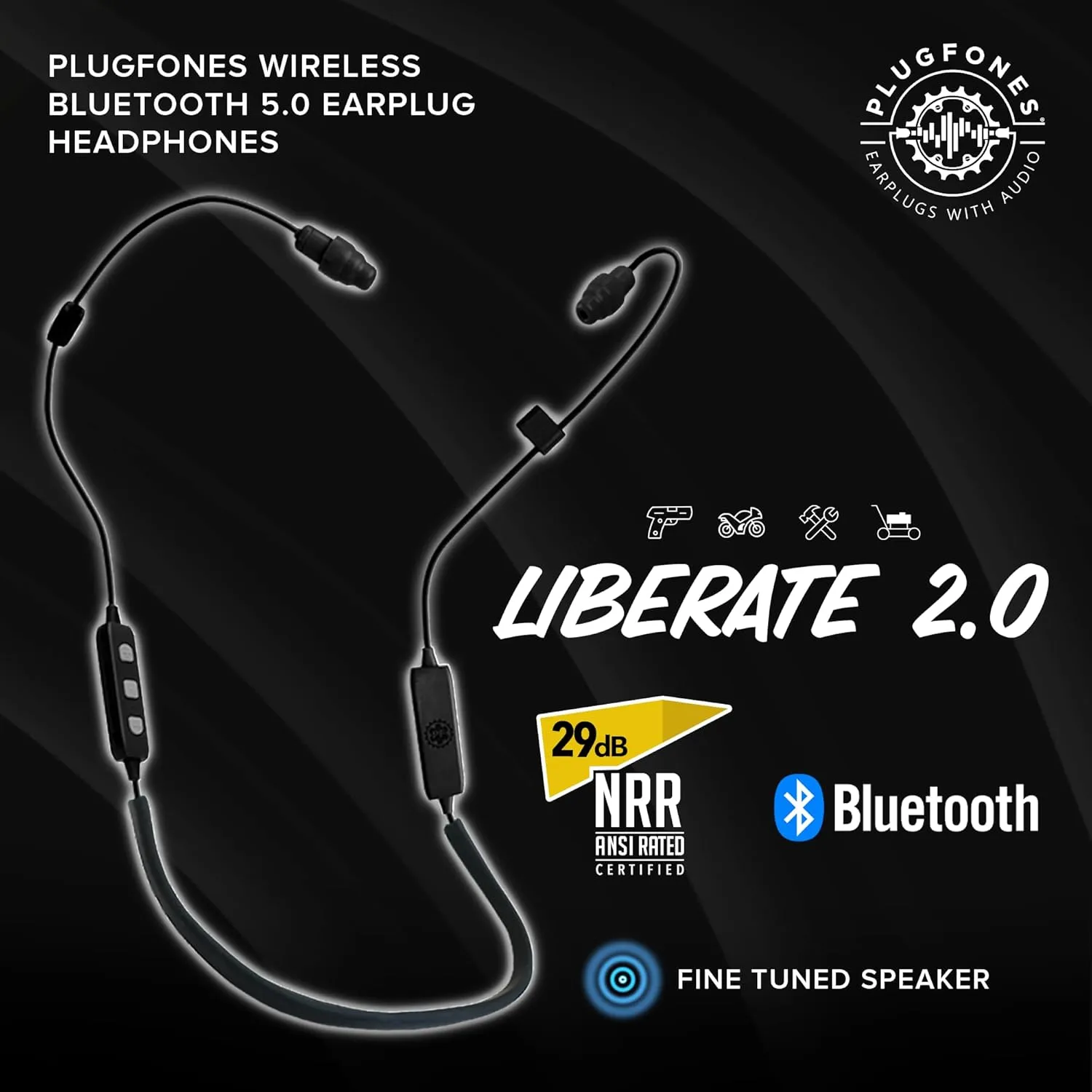 Plugfones Liberate 2.0 Wireless Bluetooth in-Ear Earplug Earbuds - Noise Reduction Headphones with Noise Isolating Mic and Controls (Black & Gray)