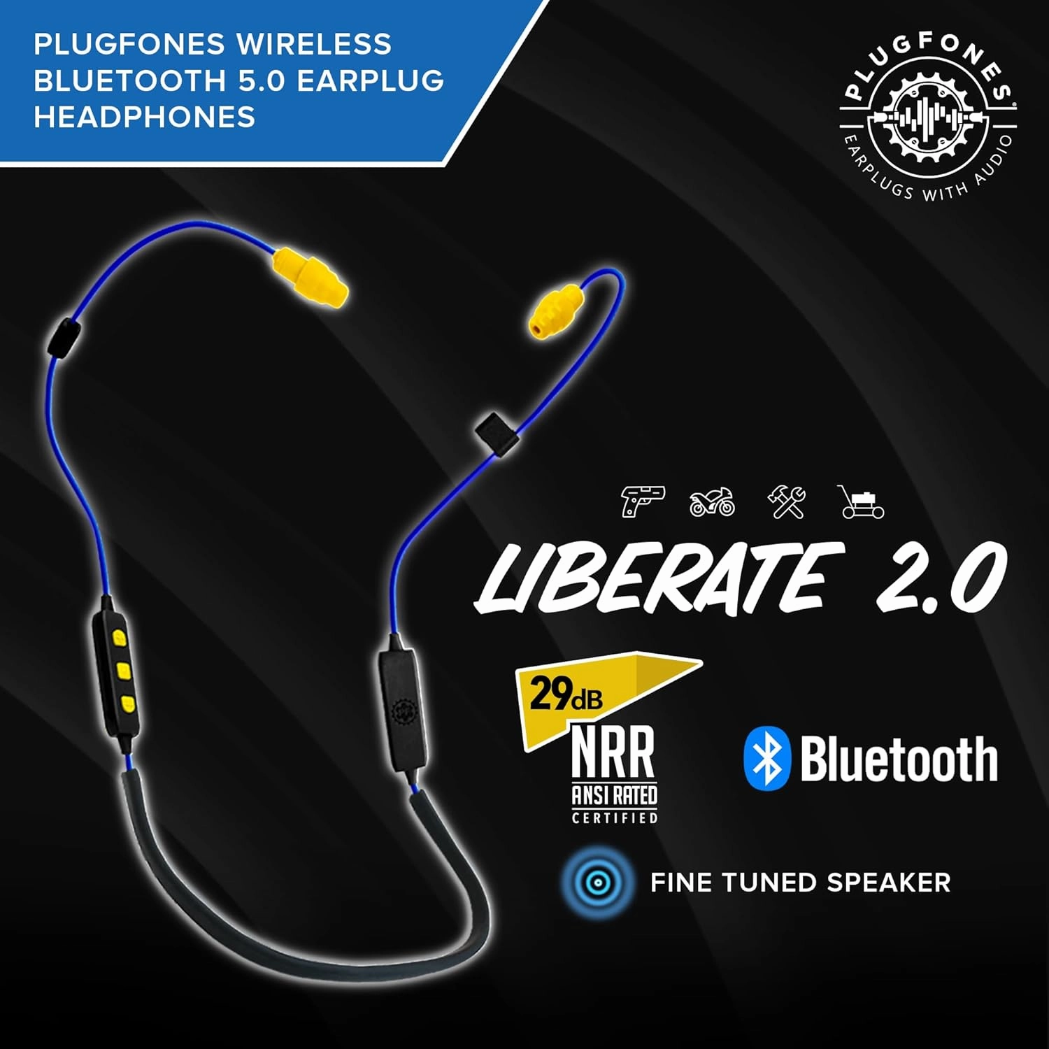 Plugfones Liberate 2.0 Wireless Bluetooth in-Ear Earplug Earbuds- 29NRR Noise Reduction Headphones with Noise Isolating Mic and Controls (Blue & Yellow)