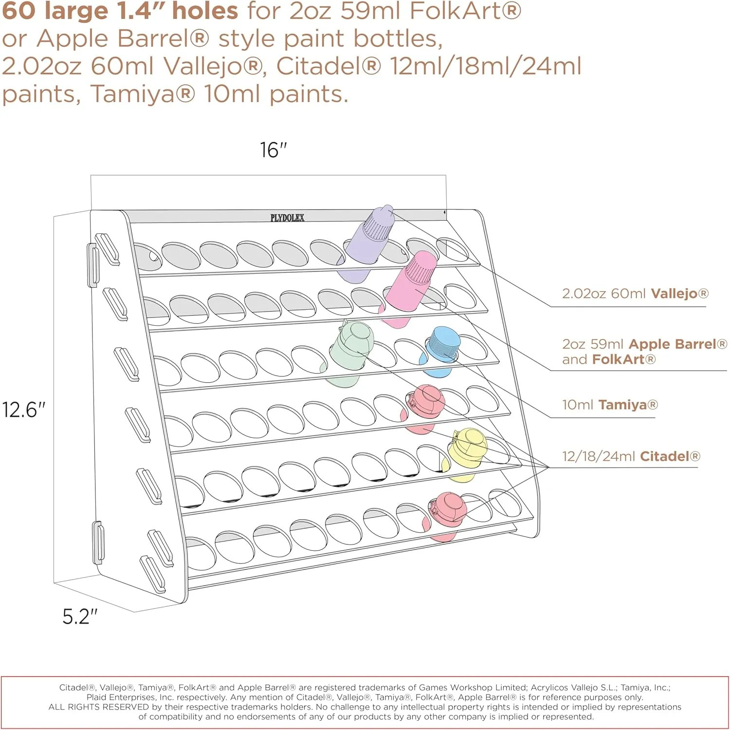 Plydolex Acrylic Paint Rack Organizer with 60 Holes Suitable for Citadel Paints and Others - Wall-Mounted Paint Rack Ideal for Paint Storage of Miniature Paint Sets
