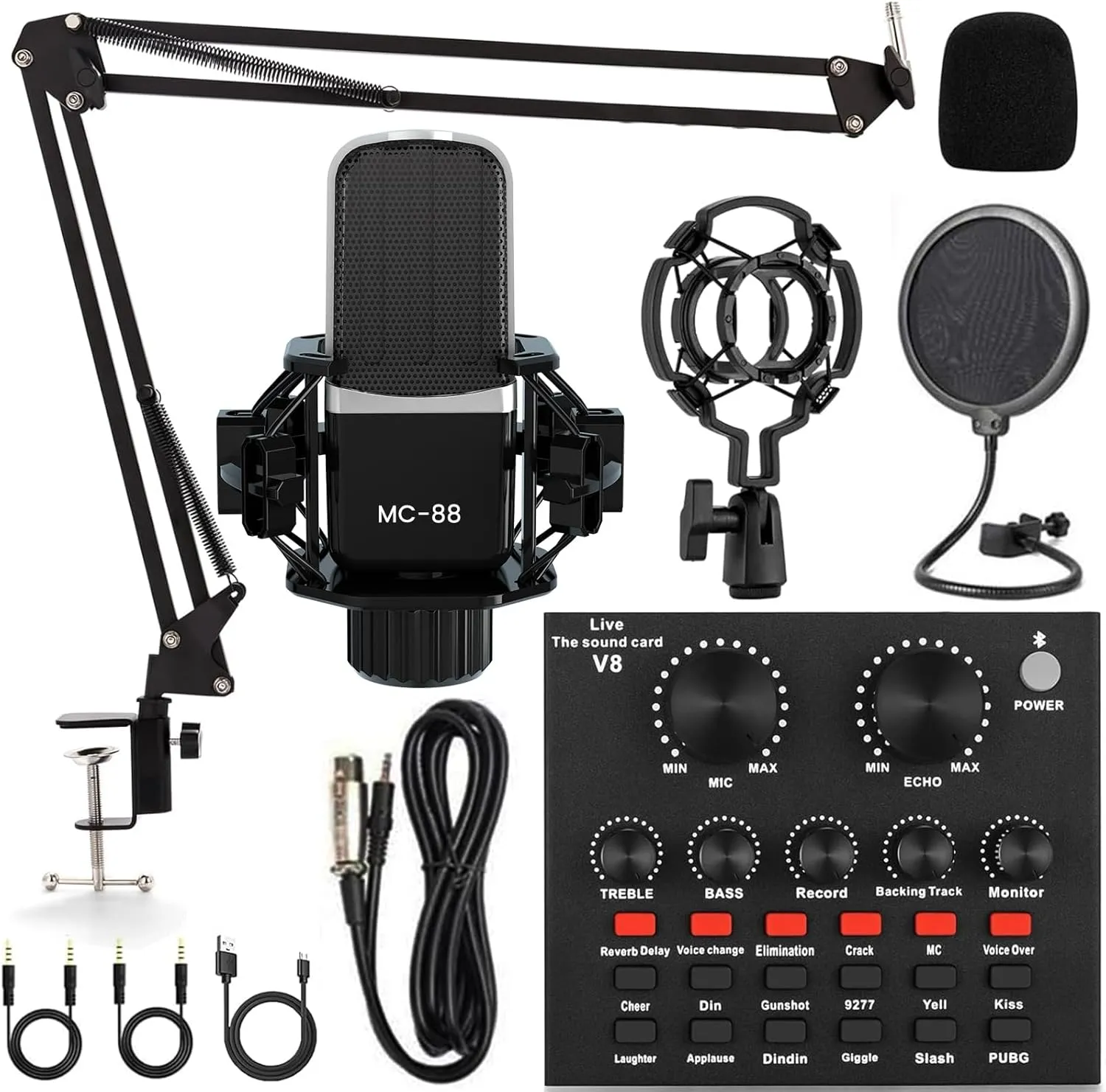 Podcast Equipment Bundle, All-in-One Audio Interface with Studio Condenser Microphone Perfect for Podcasting, Recording, Singing, Streaming and Gaming, PC, Smartphone, YouTube, TikTok (V8)