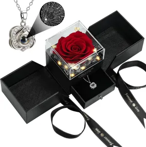 Preserved Real Red Rose with I Love You Heart Necklace 100 Languages - Eternal Flowers Rose Birthday Gifts for Women, Wife, Mom, Girlfriend - Valentine's Mother's Day Christmas Gift
