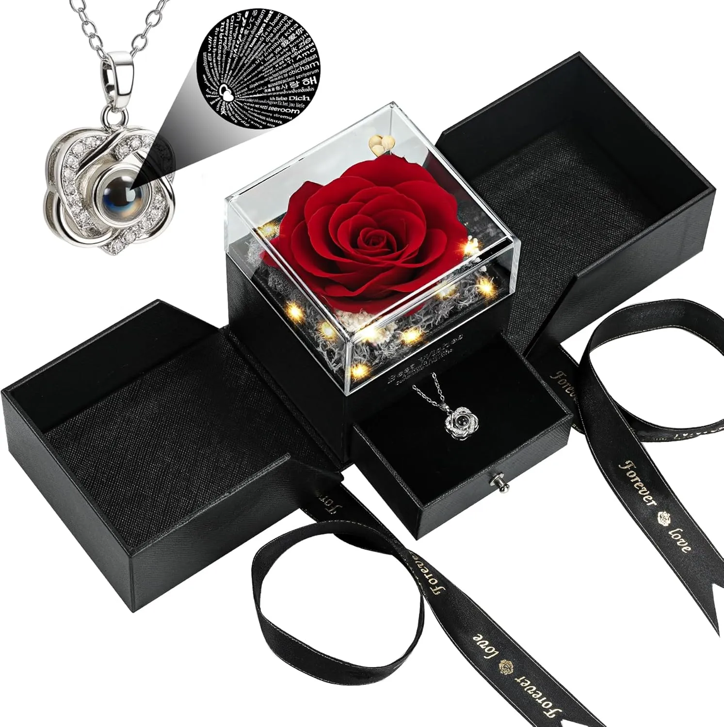 Preserved Real Red Rose with I Love You Heart Necklace 100 Languages - Eternal Flowers Rose Birthday Gifts for Women, Wife, Mom, Girlfriend - Valentine's Mother's Day Christmas Gift