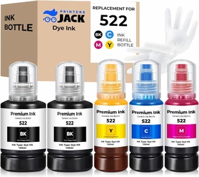 Printers Jack 522 Ink Refill Ink Bottle Kit Compatiable with Epson T522 and Supertank ET-2800 ET-4700 ET-4800 ET-2710 ET-2720, ET-2803 Printer, (2BK C M Y)