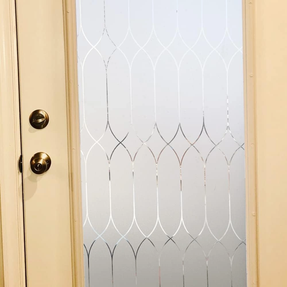Privacy Window Film Decoration, Heat Control Window Tint for Home, Static Cling Glass Door Coverings Window Sticker Removable Non-Adhesive UV Blocking, Frosted Film w/Clear Morocco Lines, 35.4"x118"