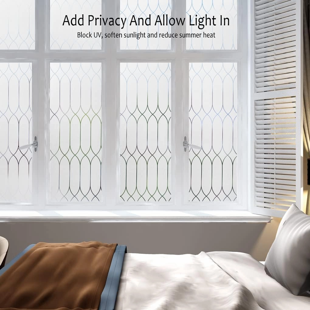 Privacy Window Film Decoration, Heat Control Window Tint for Home, Static Cling Glass Door Coverings Window Sticker Removable Non-Adhesive UV Blocking, Frosted Film w/Clear Morocco Lines, 35.4"x118"