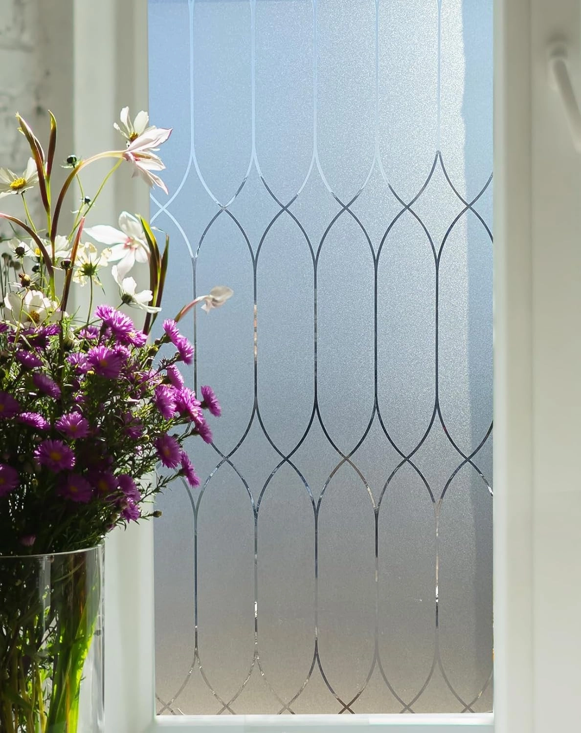 Privacy Window Film Decoration, Heat Control Window Tint for Home, Static Cling Glass Door Coverings Window Sticker Removable Non-Adhesive UV Blocking, Frosted Film w/Clear Morocco Lines, 35.4"x118"