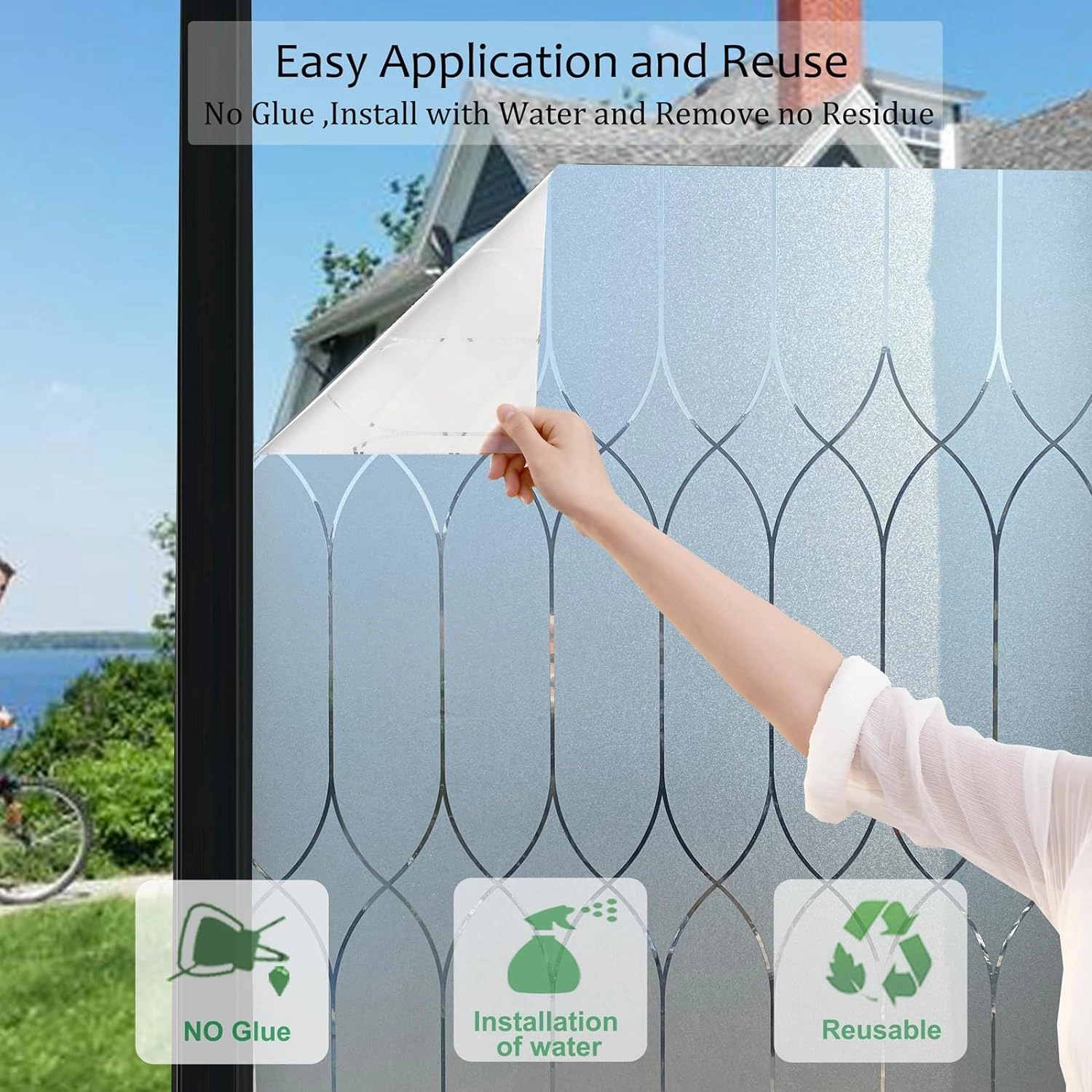 Privacy Window Film Decoration, Heat Control Window Tint for Home, Static Cling Glass Door Coverings Window Sticker Removable Non-Adhesive UV Blocking, Frosted Film w/Clear Morocco Lines, 35.4"x118"