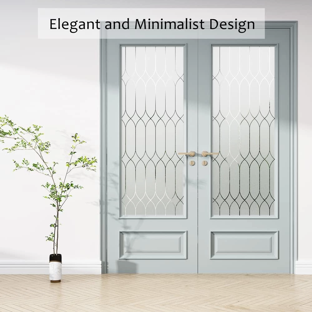 Privacy Window Film Decoration, Heat Control Window Tint for Home, Static Cling Glass Door Coverings Window Sticker Removable Non-Adhesive UV Blocking, Frosted Film w/Clear Morocco Lines, 35.4"x118"