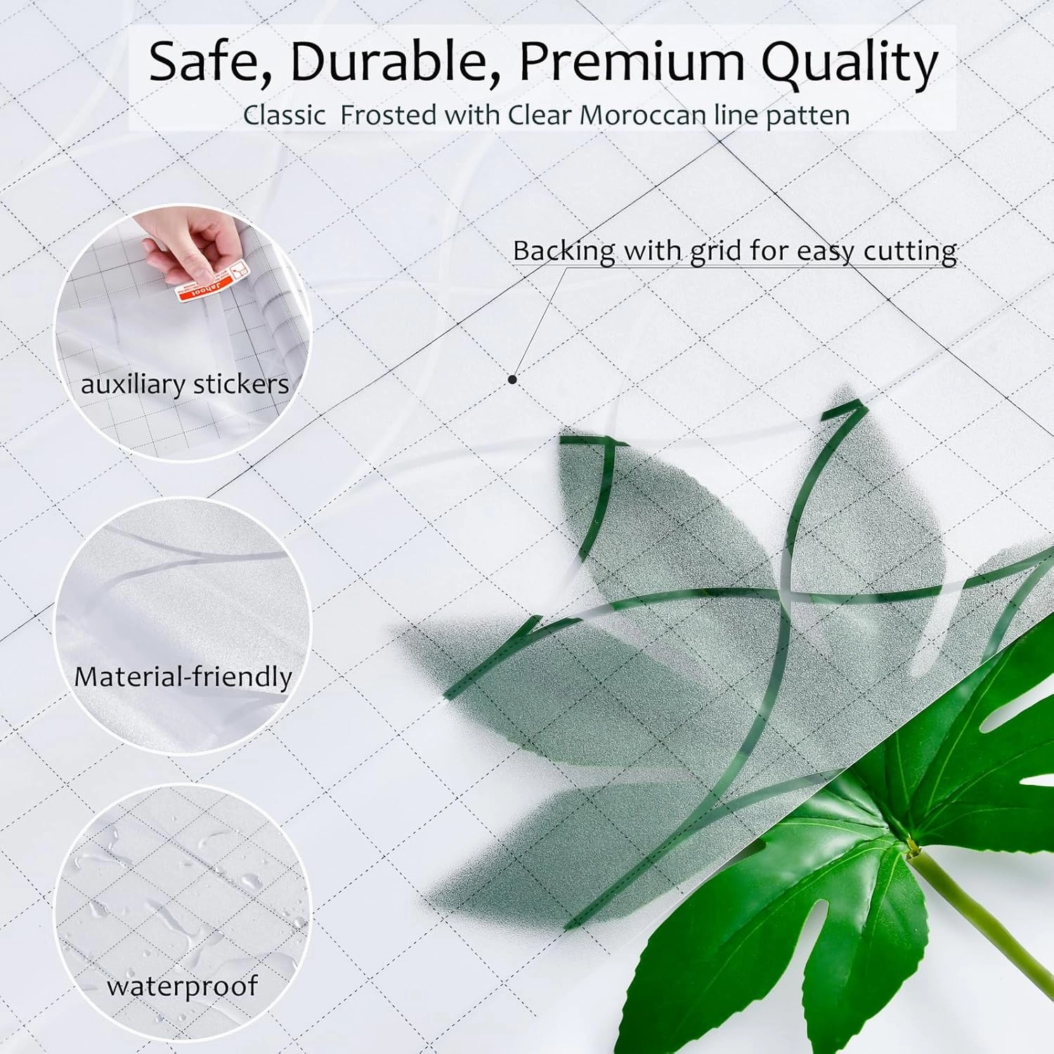 Privacy Window Film Decoration, Heat Control Window Tint for Home, Static Cling Glass Door Coverings Window Sticker Removable Non-Adhesive UV Blocking, Frosted Film w/Clear Morocco Lines, 35.4"x118"