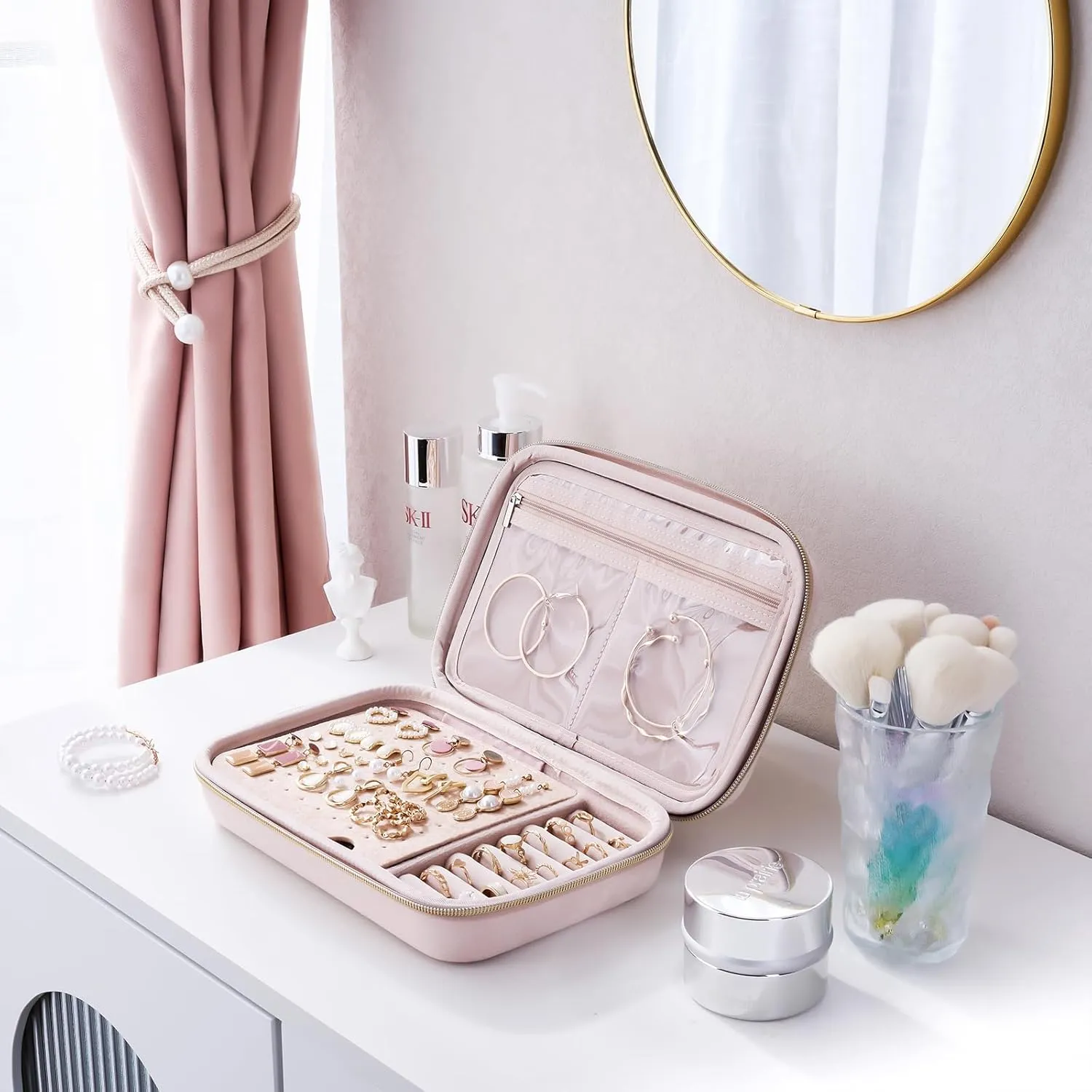 ProCase Large Travel Jewelry Organizer Case, Jewellery Home Storage Book Ring Binder with Clear Pockets for Presentation, Zippered Pouch Bag for Earrings Necklaces Bracelets -Pink, Non-loose-leaf