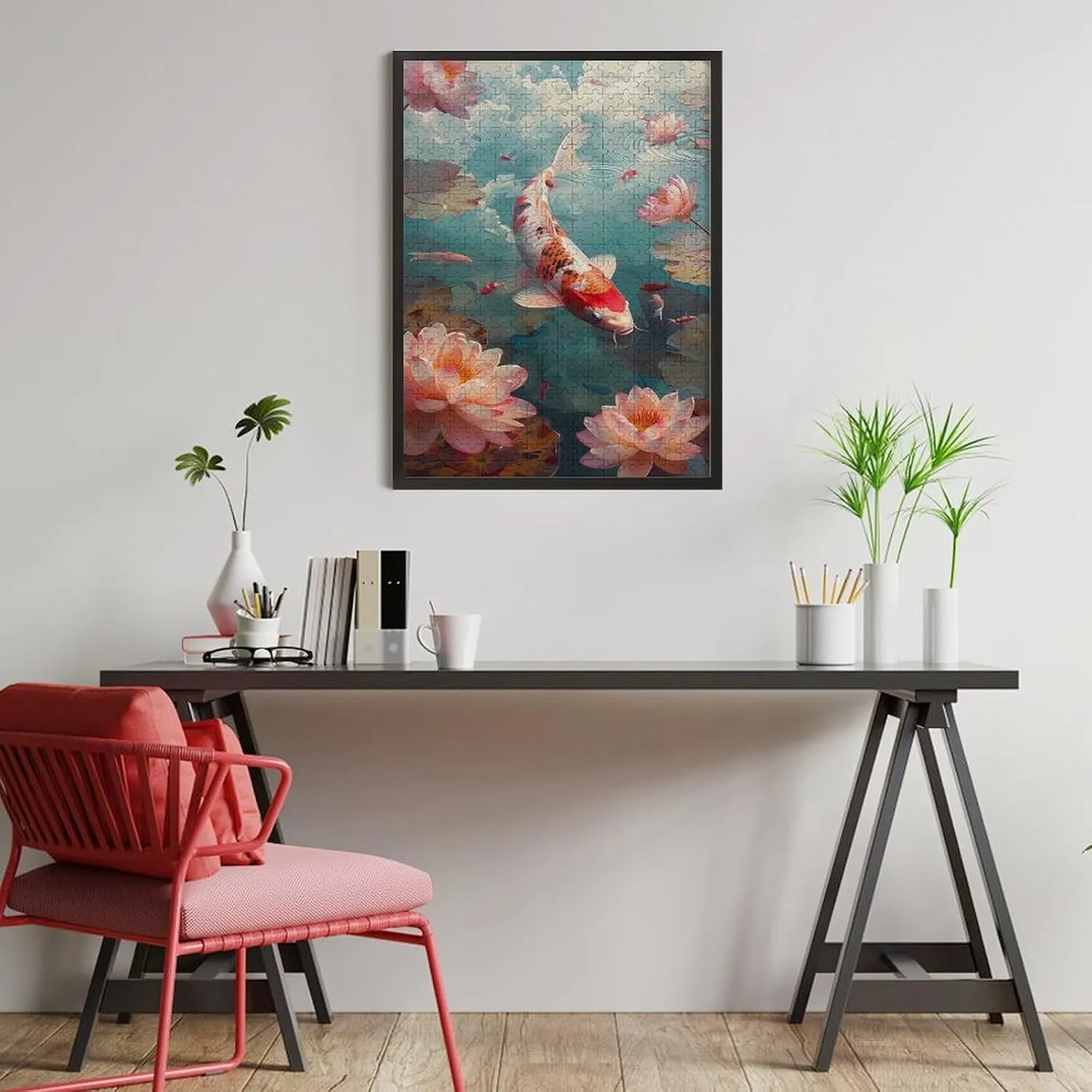 Puzzles for Adults 500 Pieces - Koi Fish Lotus Pond Koi Perfect Interlocking Clear Printing - Adults Educational Puzzle Ideal Gift - Display as Artwork Idea!