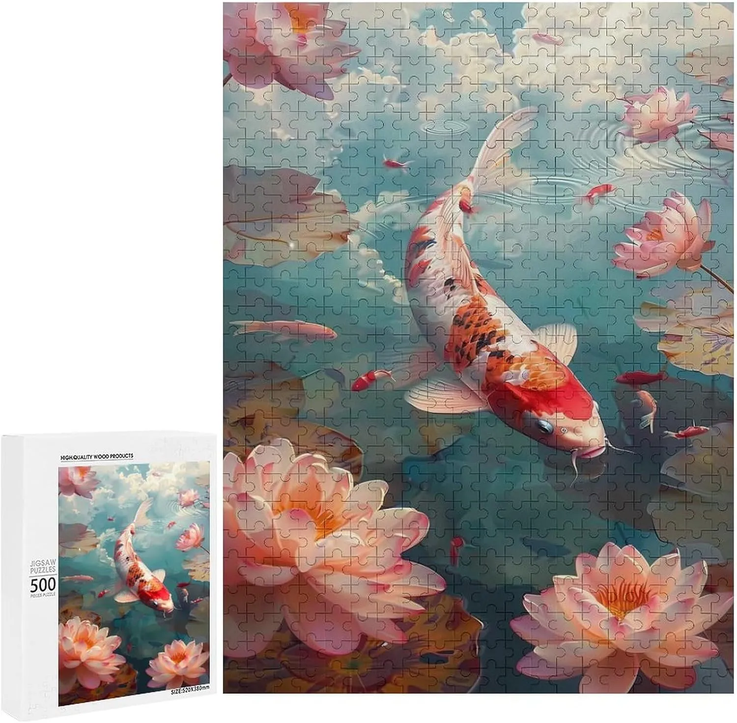 Puzzles for Adults 500 Pieces - Koi Fish Lotus Pond Koi Perfect Interlocking Clear Printing - Adults Educational Puzzle Ideal Gift - Display as Artwork Idea!