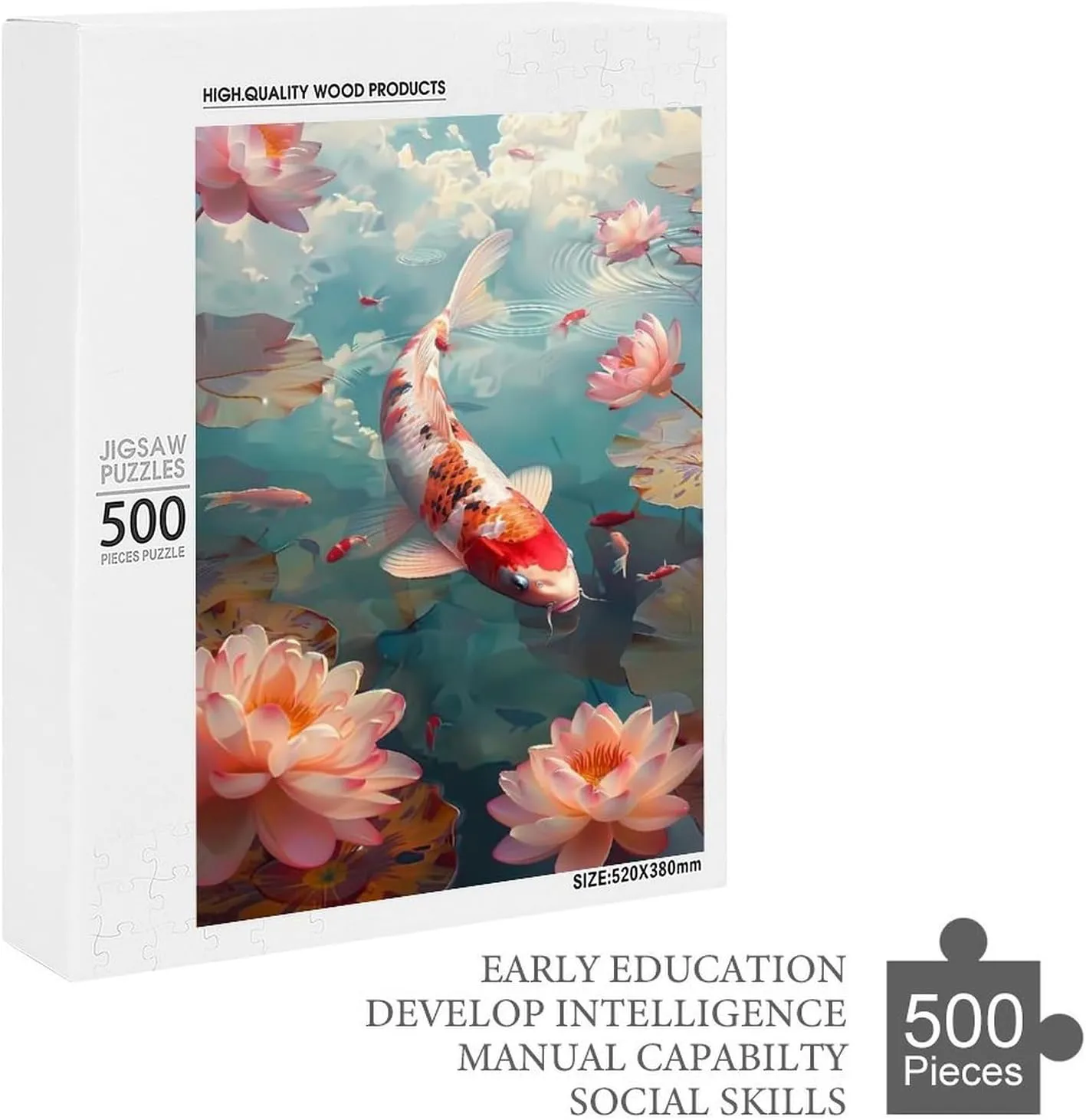 Puzzles for Adults 500 Pieces - Koi Fish Lotus Pond Koi Perfect Interlocking Clear Printing - Adults Educational Puzzle Ideal Gift - Display as Artwork Idea!