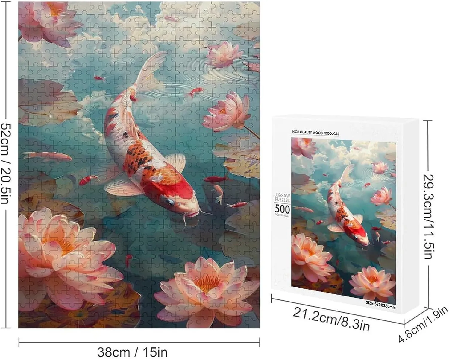 Puzzles for Adults 500 Pieces - Koi Fish Lotus Pond Koi Perfect Interlocking Clear Printing - Adults Educational Puzzle Ideal Gift - Display as Artwork Idea!