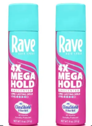 Rave 4X Mega Hold Hair Spray, All-Weather Protection with Vitamin-Rich Formula, (Pack Of 2, 11 Oz Clear)