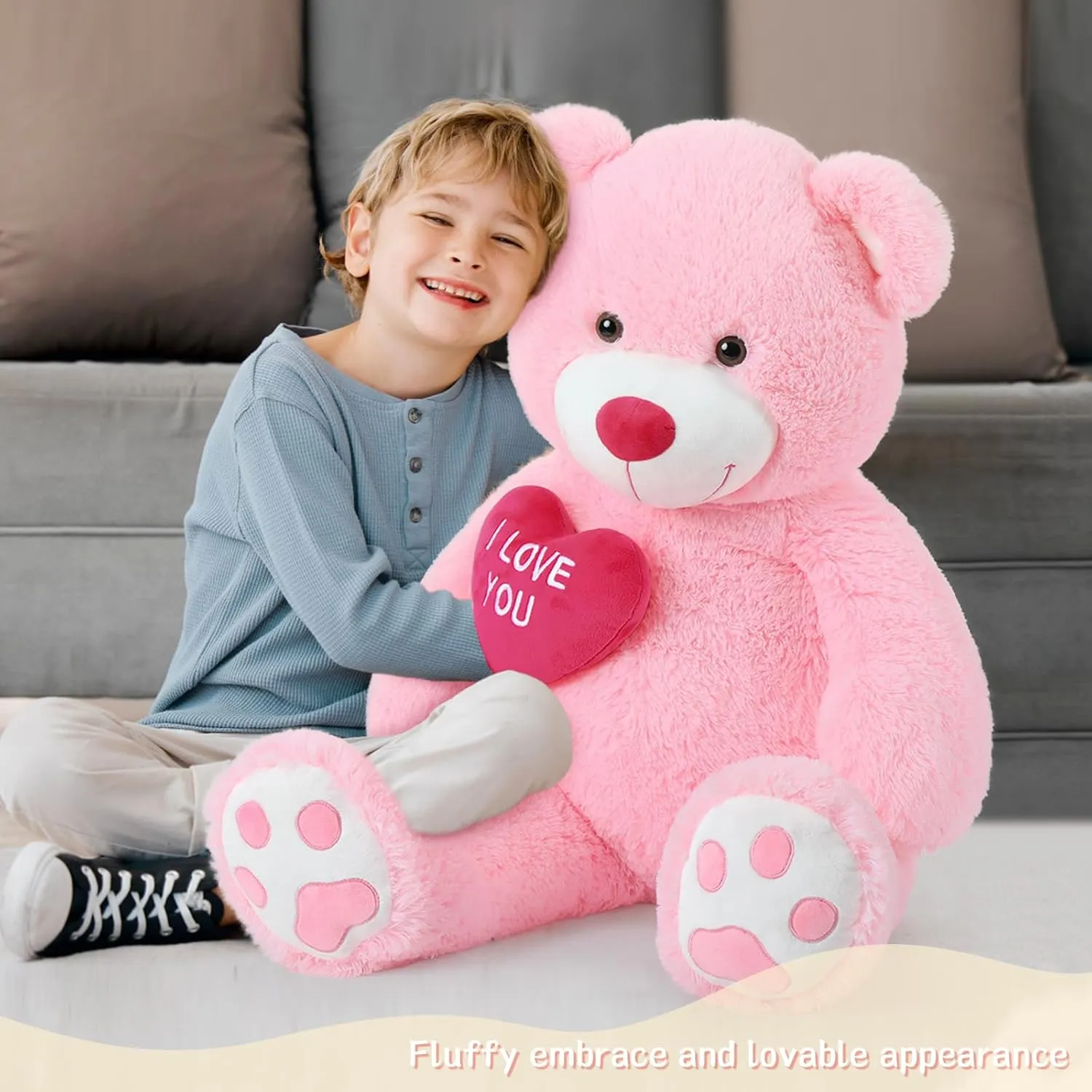 Red Heart Giant Teddy Bears, Big Teddy Bear Stuffed Animals with Embroidered I Love You for Girlfriend, Huge Valentines Fluffy Teddy Bear Birthday Gifts (Pink, 36 inches)