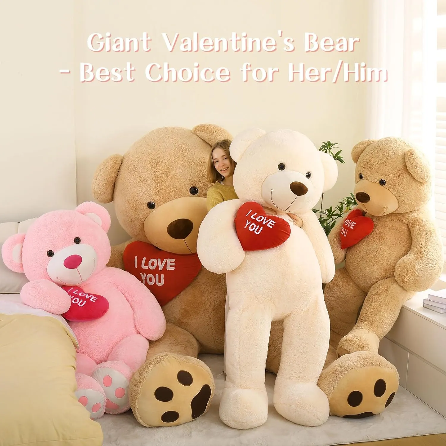 Red Heart Giant Teddy Bears, Big Teddy Bear Stuffed Animals with Embroidered I Love You for Girlfriend, Huge Valentines Fluffy Teddy Bear Birthday Gifts (Pink, 36 inches)