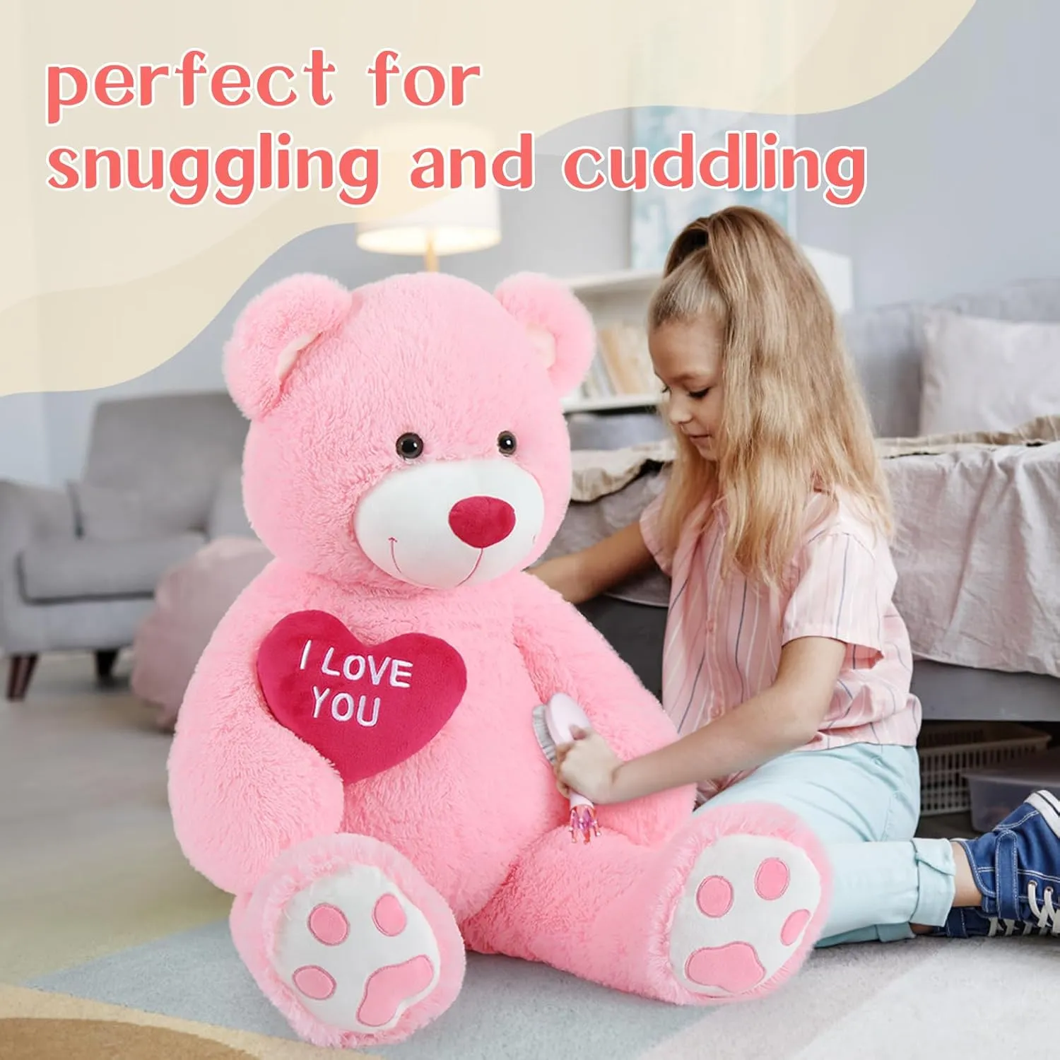 Red Heart Giant Teddy Bears, Big Teddy Bear Stuffed Animals with Embroidered I Love You for Girlfriend, Huge Valentines Fluffy Teddy Bear Birthday Gifts (Pink, 36 inches)