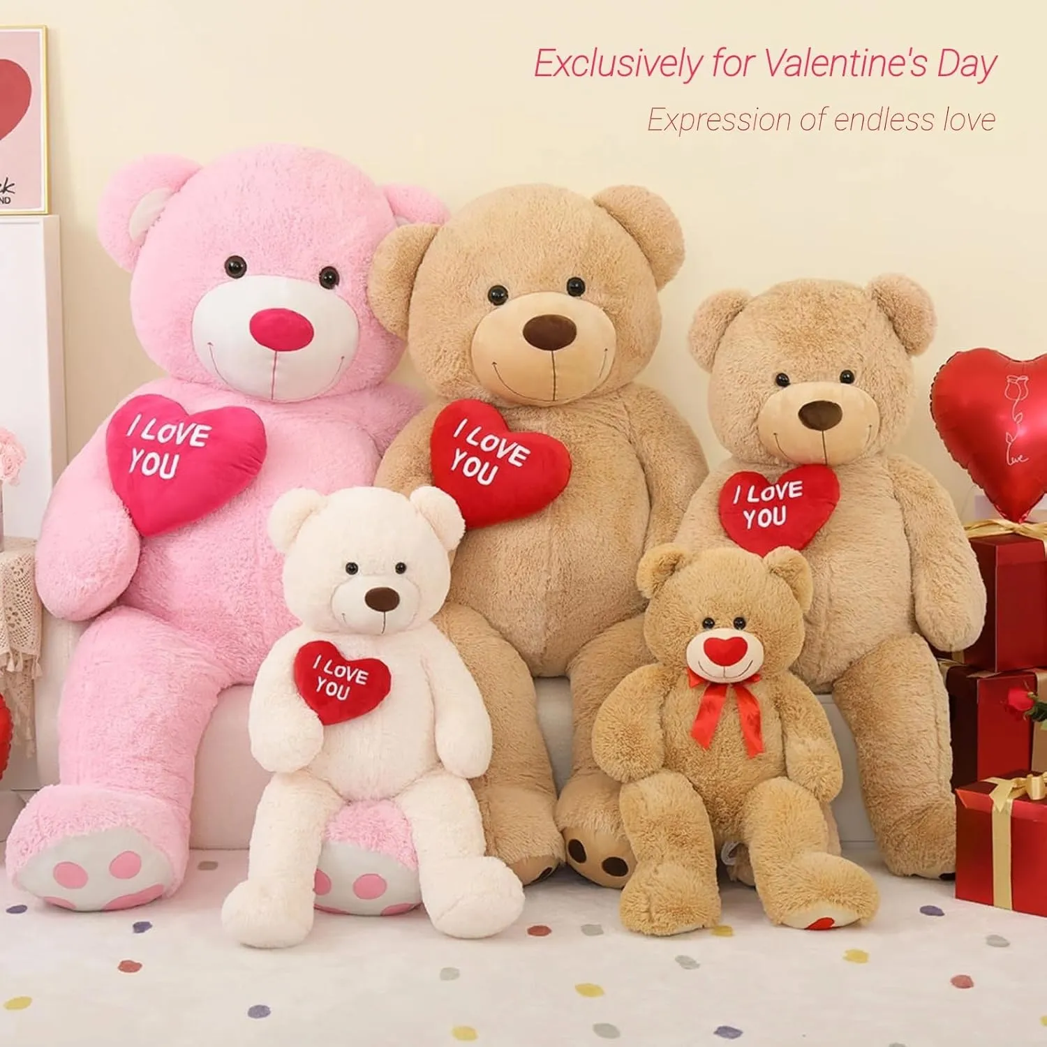 Red Heart Giant Teddy Bears, Big Teddy Bear Stuffed Animals with Embroidered I Love You for Girlfriend, Huge Valentines Fluffy Teddy Bear Birthday Gifts (Pink, 36 inches)