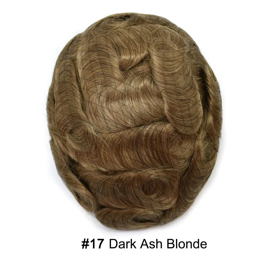 RESHE Mens Toupee Human Hair Replacement System Swiss Lace Toupee For Men Durable Lace&PU Hair Piece For Men Hand Tied Men Hairpiece 7x9#17 DARK ASH BLONDE 120% density