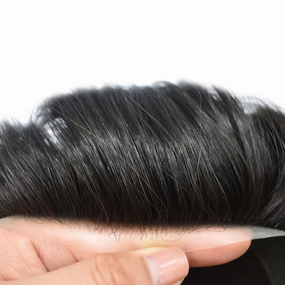 RESHE Mens Toupee Human Hair Replacement System Swiss Lace Toupee For Men Durable Lace&PU Hair Piece For Men Hand Tied Men Hairpiece 7x9#1B OFF BLACK 120% density