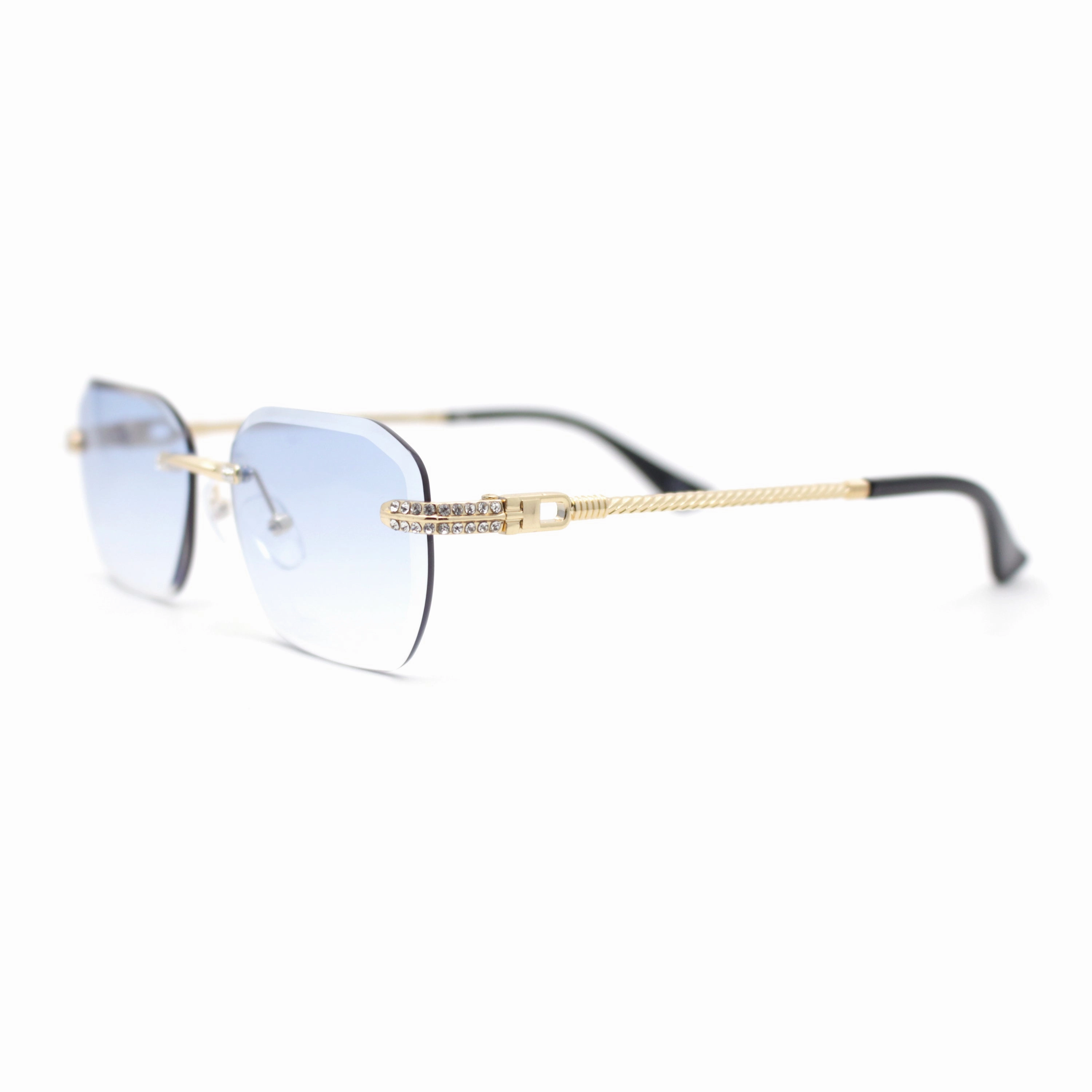 Rhinestone Jewel Stud Metal Rimless Bevel Lens Rectangle Sunglasses