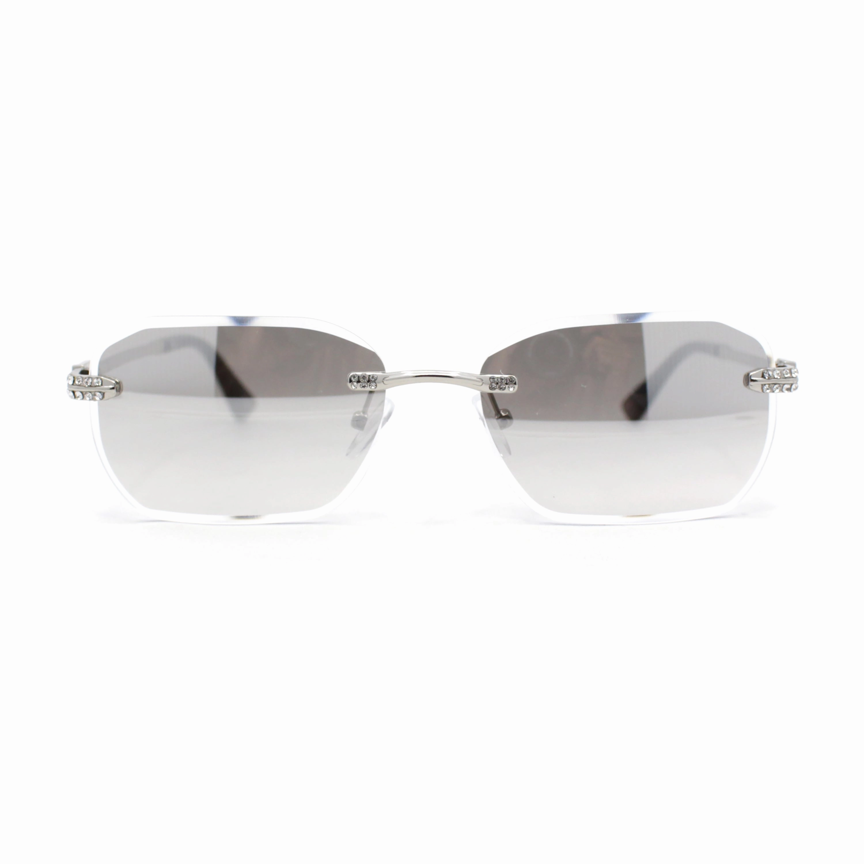 Rhinestone Jewel Stud Metal Rimless Bevel Lens Rectangle Sunglasses