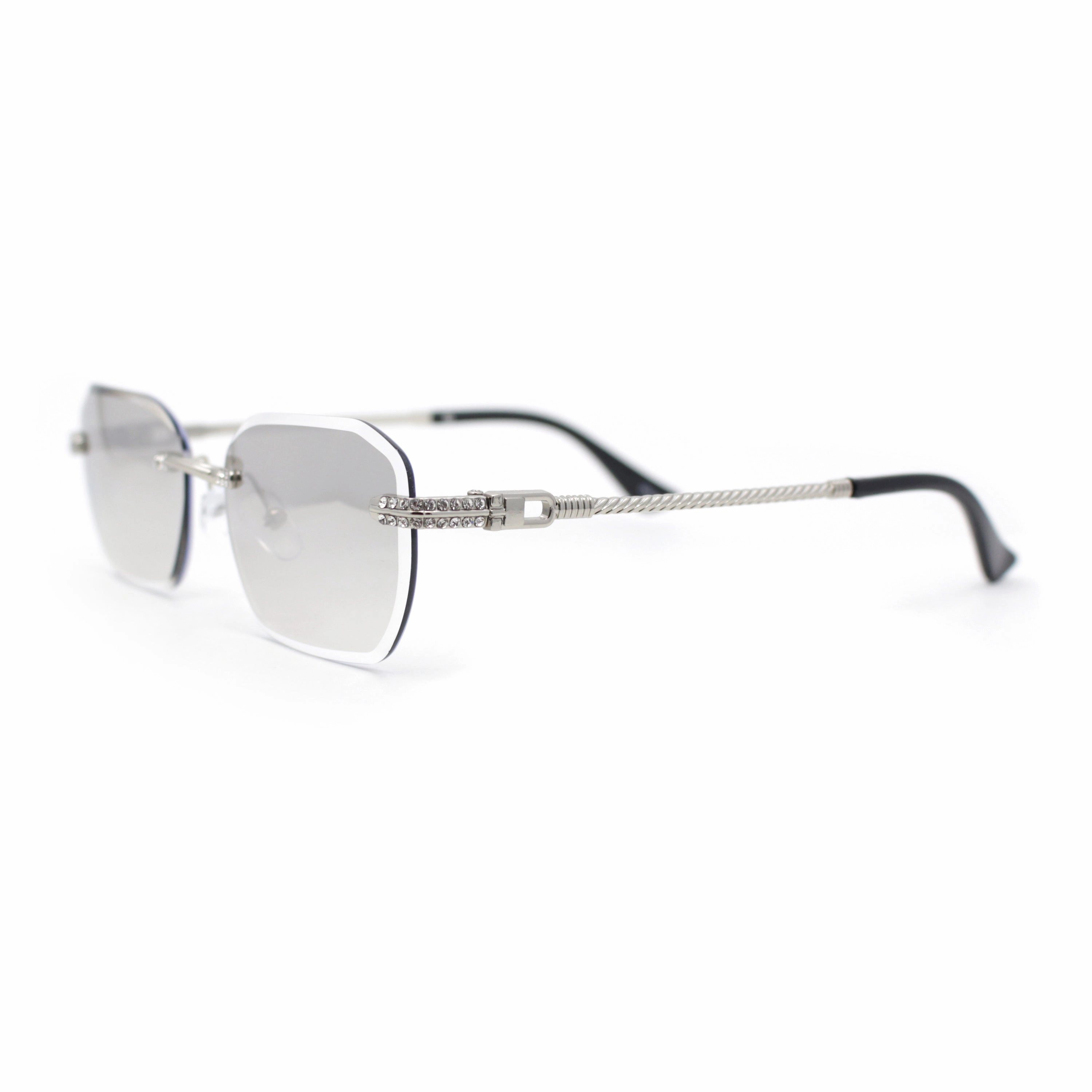 Rhinestone Jewel Stud Metal Rimless Bevel Lens Rectangle Sunglasses