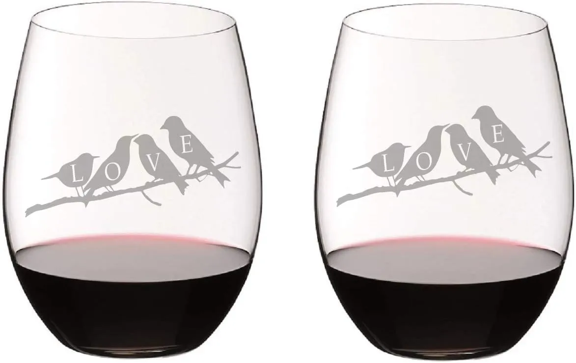 Riedel Personalized "O" Cabernet/Merlot Wine Tumblers with Love Birds Engraving, Set of 2 Stemless Crystal Wine Glasses, Custom Engraved with Lovebirds for Valentines Day, Couples