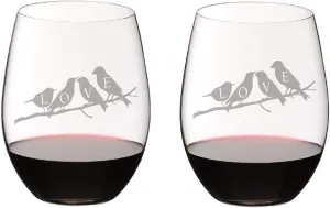 Riedel Personalized "O" Cabernet/Merlot Wine Tumblers with Love Birds Engraving, Set of 2 Stemless Crystal Wine Glasses, Custom Engraved with Lovebirds for Valentines Day, Couples