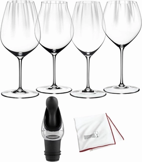 Riedel Performance Wine Glasses (4-Pack, Clear) Bundle with Large Microfiber Polishing Cloth and Wine Pourer with Stopper (3 Items)