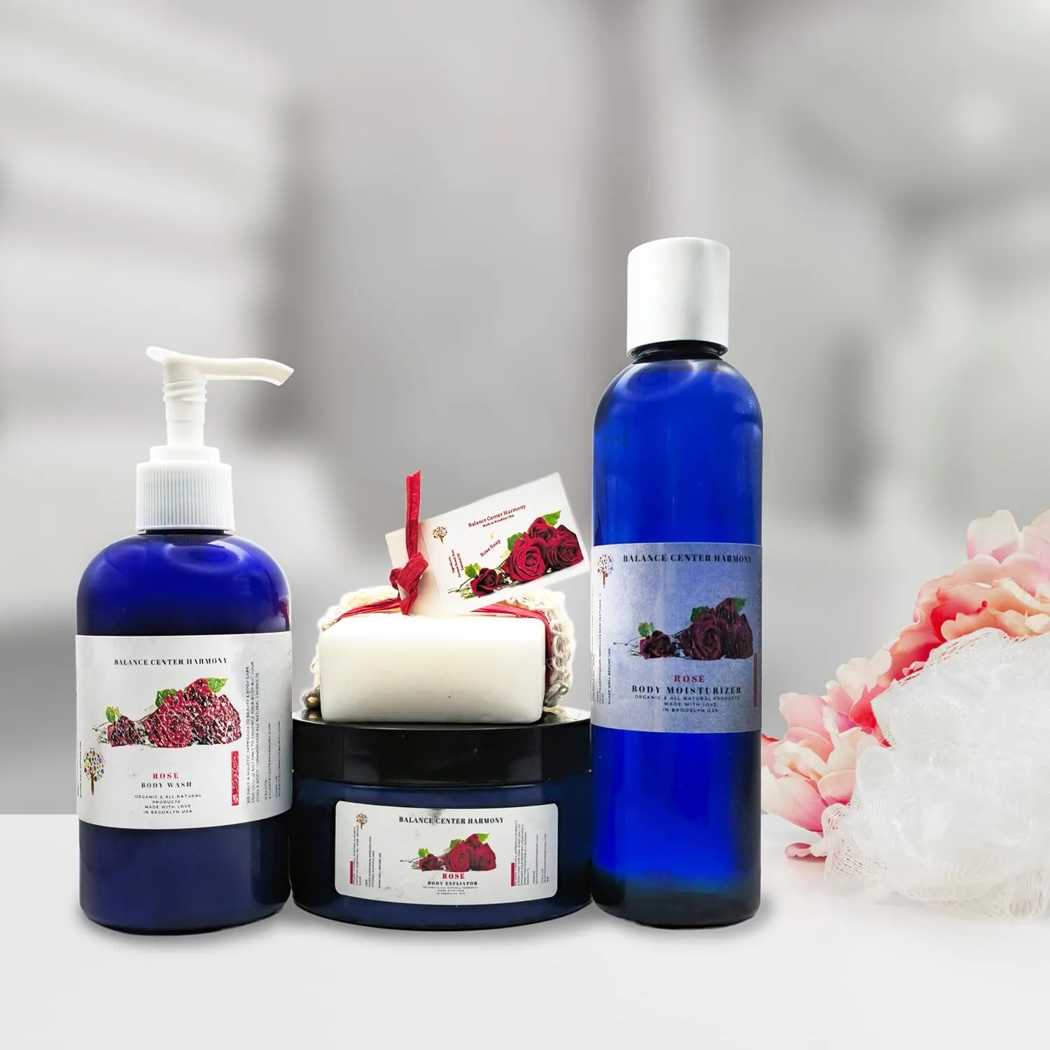 Rose Body Set – All-Natural Spa Kit for Men & Women – Hydrating Body Wash, Scrub, Moisturizer & Soap for Soft & Glowing Skin