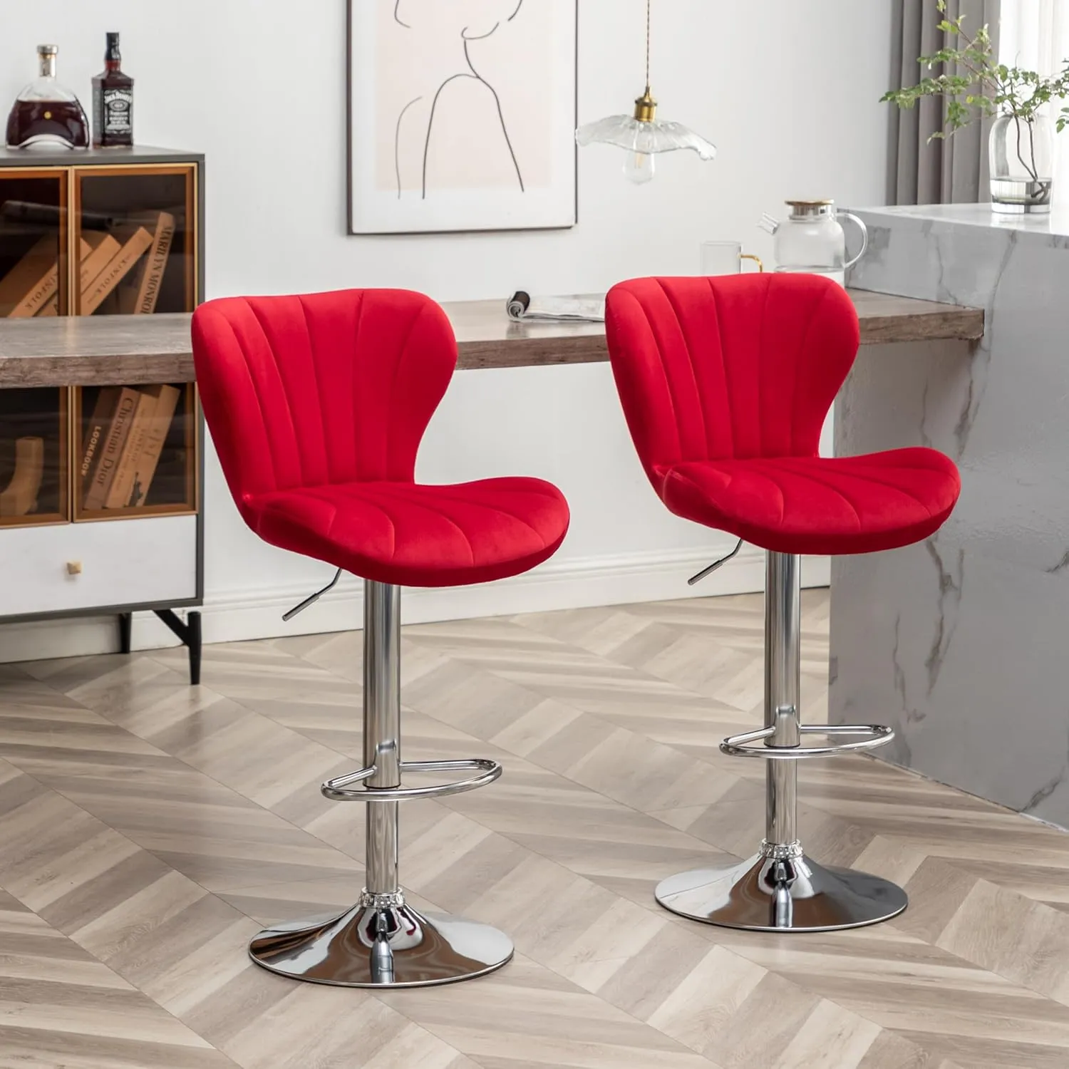 Roundhill Furniture Ellston Velvet Adjustable Swivel Barstools in Red, Set of 2