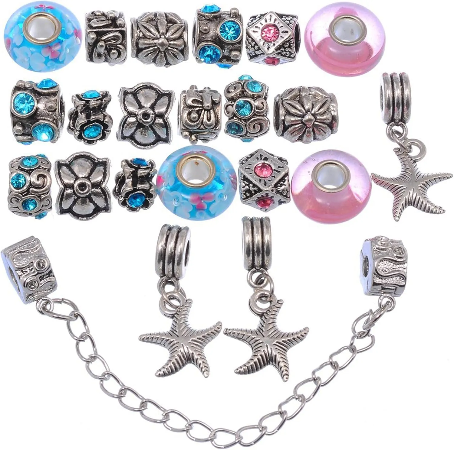 RUBYCA Silver Tone European Charm Bracelet 7.9" Pink & Blue Murano Glass Beads DIY Jewelry Kit 26