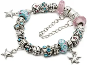 RUBYCA Silver Tone European Charm Bracelet 7.9" Pink & Blue Murano Glass Beads DIY Jewelry Kit 26