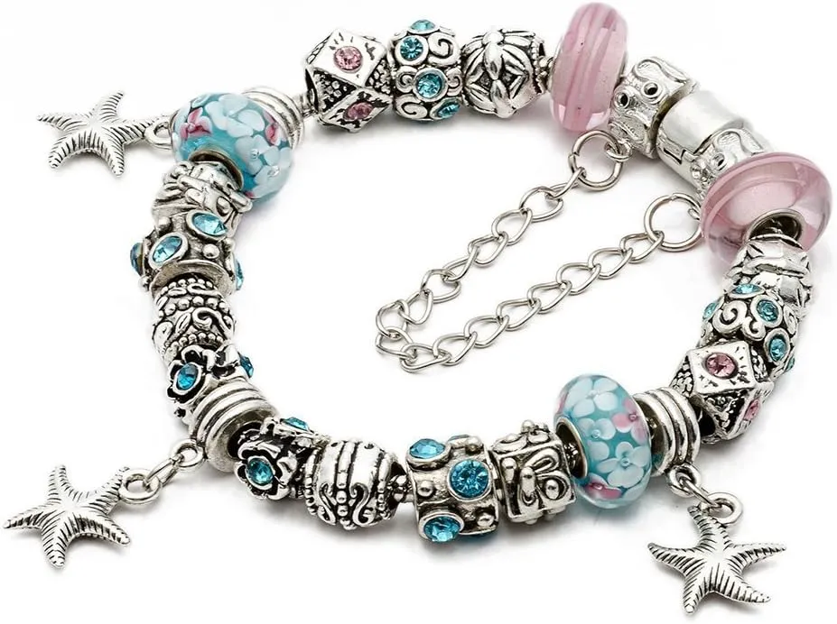 RUBYCA Silver Tone European Charm Bracelet 7.9" Pink & Blue Murano Glass Beads DIY Jewelry Kit 26