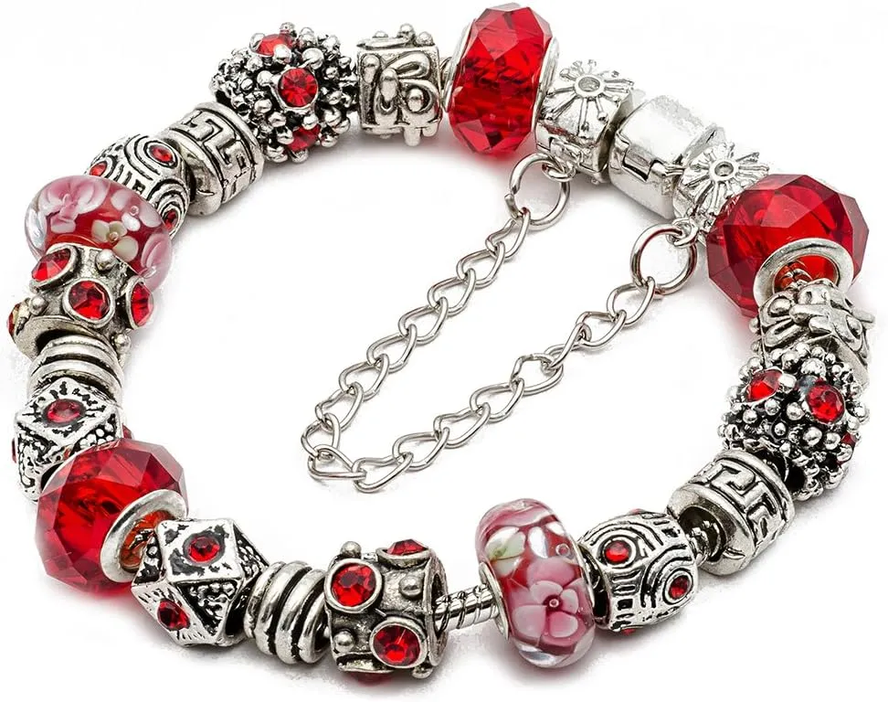 RUBYCA Silver Tone European Charm Bracelet 7.9" Red Murano Glass Beads DIY Jewelry Making Kit 9