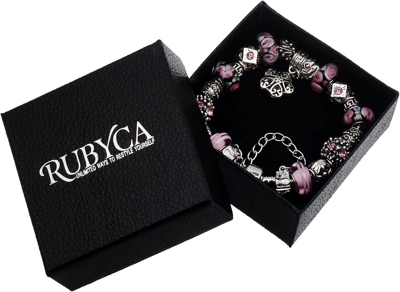 RUBYCA Silver Tone European Charm Bracelet 7.9" Red Murano Glass Beads DIY Jewelry Making Kit 9