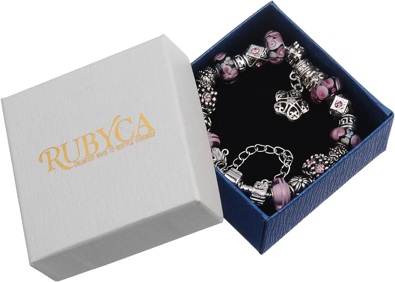 RUBYCA Silver Tone European Charm Bracelet 7.9" Red Murano Glass Beads DIY Jewelry Making Kit 9