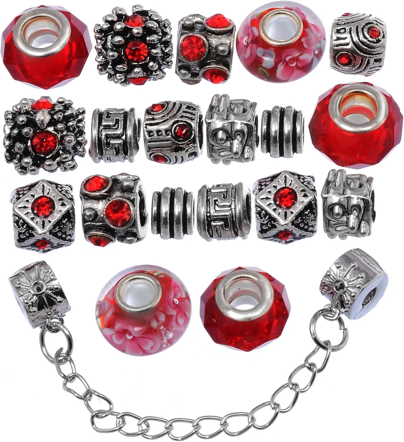 RUBYCA Silver Tone European Charm Bracelet 7.9" Red Murano Glass Beads DIY Jewelry Making Kit 9