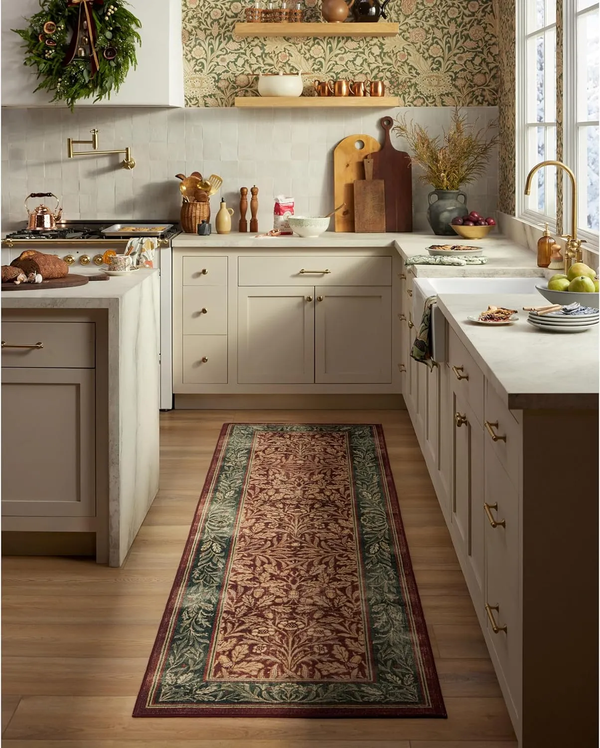 Ruggable x Morris & Co Washable 2x10 Runner Rug, Acorn Amber Red, Premium Christmas Rugs for Hallway, Kitchen, Entryway, Living Room, Bedroom, Office with Gripper Non Slip Pad