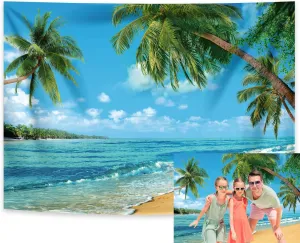 RUINI Polyester Tropical Beach Backdrop Summer Palm Trees Photography Backdrop Blue Sea Sky Sunshine Luau Themed Party Decoration 8x6FT