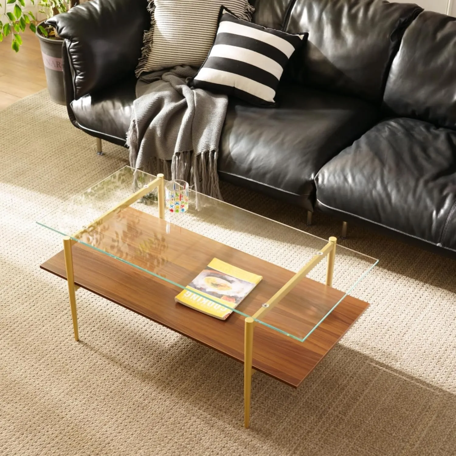 Saint Mossi Tadio Glass Coffee Table, Clear Double Layer Glass Coffee Table for Living Room, Clear Glass & Coffee Brown Bottom Shelf