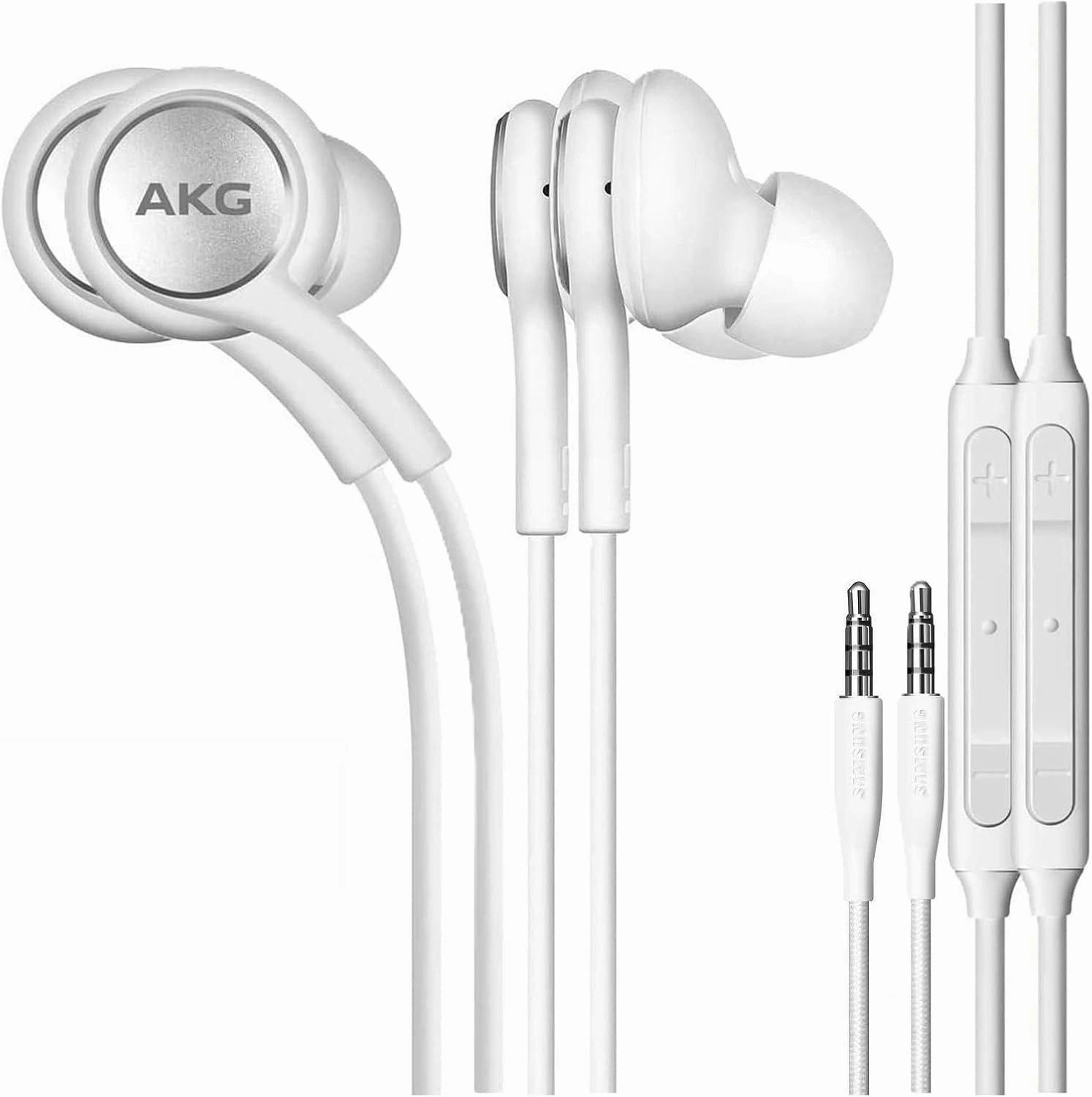 SAMSUNG in-Ear Stereo Headphones by AKG, 3.5mm Earbuds Galaxy with Microphone and Remote with Volume Buttons and Braided Cable (2 Pack White)