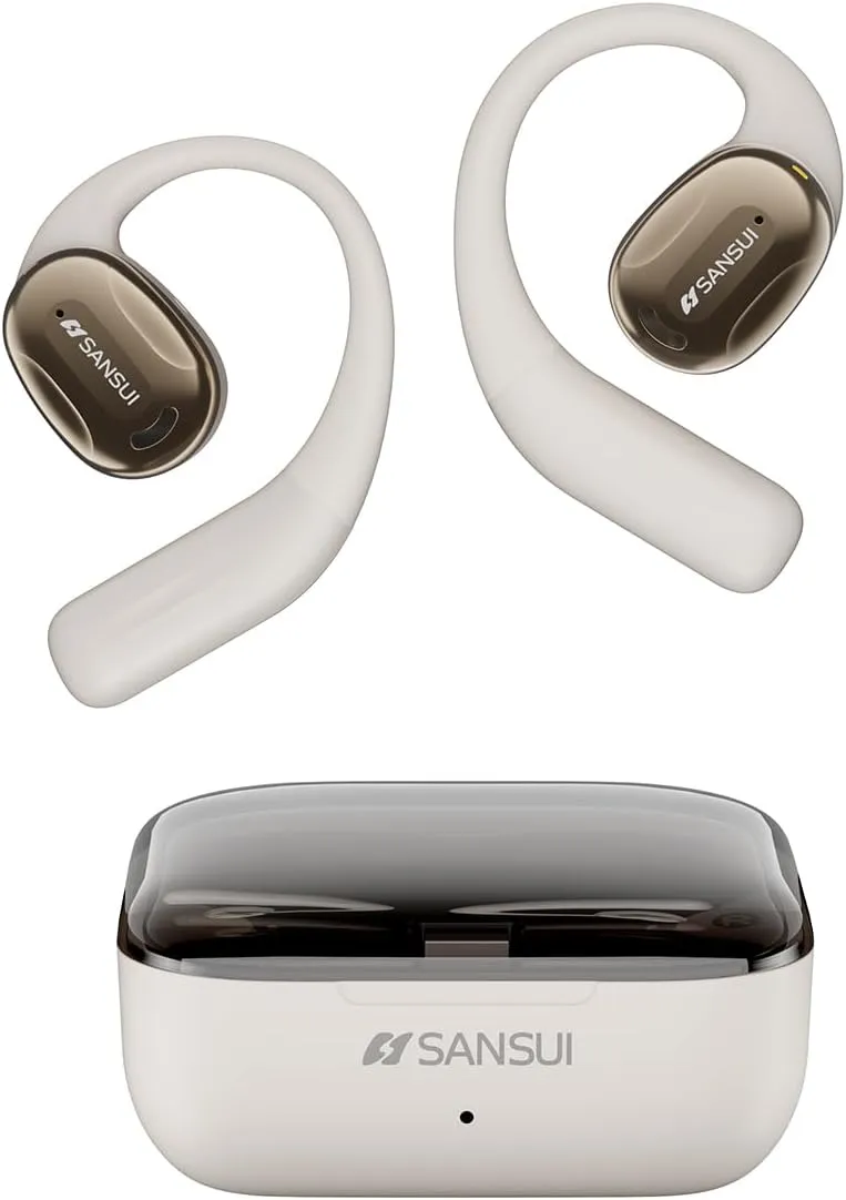 SANSUI Open Ear Earbuds Wireless Bluetooth 5.4, Wireless Bluetooth Headphones with Noise Cancelling Mic, Lvory
