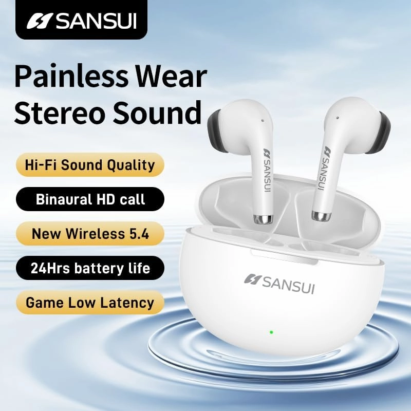 SANSUI W6 True TWS Semi-in-Ear Earphones, Wireless 5.4, Low Latency Gaming, Hi-Fi Stereo, 13MM Drivers, 13 Hours Playtime, Charging Case (White)