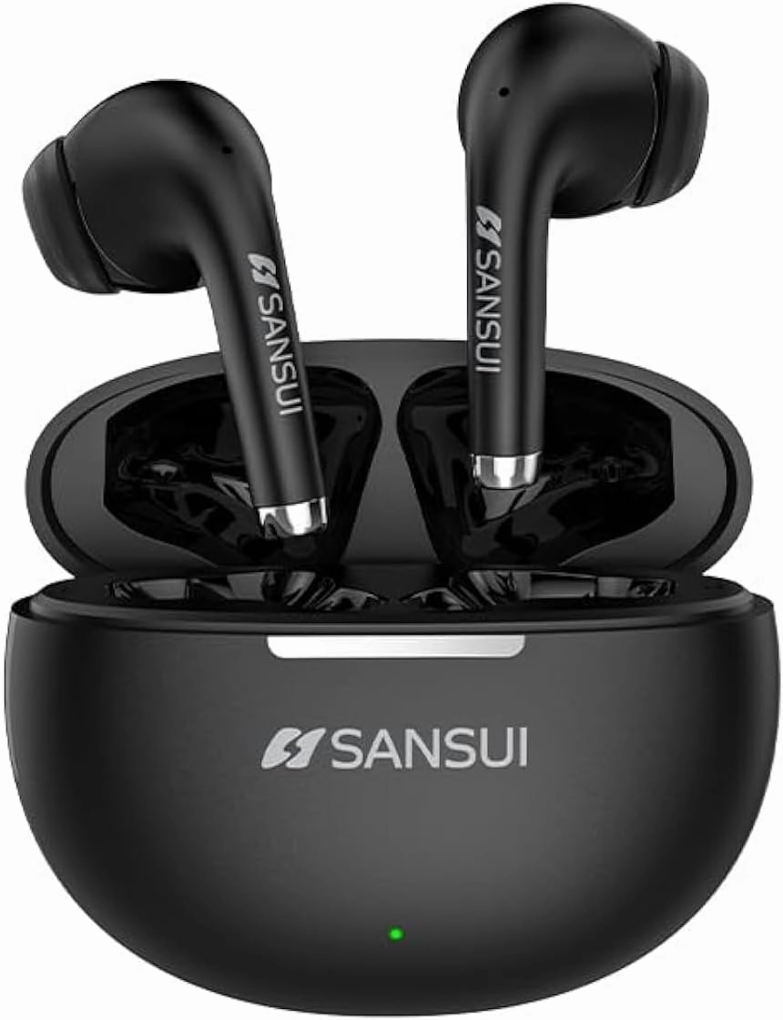 SANSUI W6 True TWS Semi-in-Ear Earphones, Wireless 5.4, Low Latency Gaming, Hi-Fi Stereo, ENC Noise Canceling, 13MM Drivers, 13 Hours Playtime, Charging Case (Black)