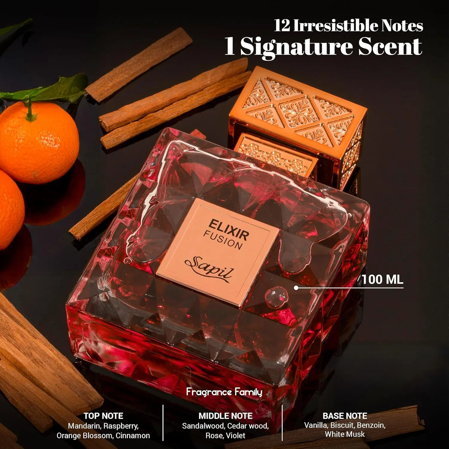 Sapil Elixir Fusion Unisex Eau De Parfum 3.38 oz - Floral Fruity Blend with Biscuit, Vanilla & Cinnamon - Long-Lasting Niche-Inspired Perfume for Men & Women