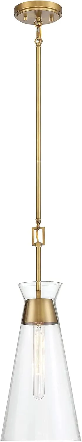 Savoy House 7-1831-1-322 Lakewood Mid-Century Modern Vintage Clear Glass Pendant, 1-Light 60 Watt, 22" H x 8" W, Warm Brass