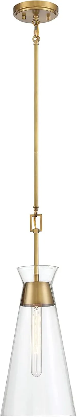 Savoy House 7-1831-1-322 Lakewood Mid-Century Modern Vintage Clear Glass Pendant, 1-Light 60 Watt, 22" H x 8" W, Warm Brass